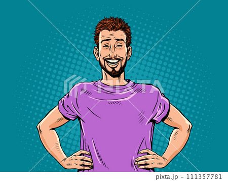 Pop Art Retro The guy in the purple T-shirt laughs heartily. Enjoy life and its surprises. Rejoice at the successes of the past year. 111357781