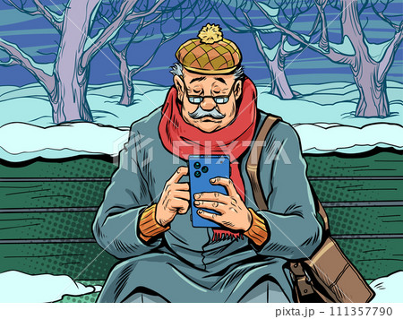 Pop Art Retro An elderly man with glasses looks at his phone on a bench in winter. Special New Year's offers for the elderly. News feeds for everyone at any time of the year. Pop Art Retro An elderly man with glasses looks at his phone on a bench in winter. Special New Year's offers for the elderly. News feeds for everyone at any time of the year. 111357790