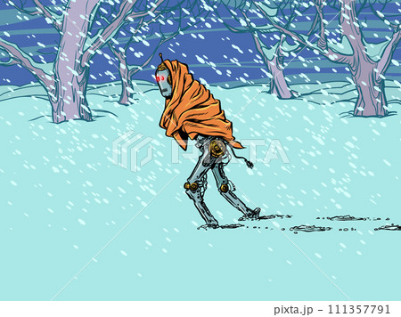 Pop Art Retro A vintage robot walks through the snow in a blanket. A lonely journey through cold obstacles. System software for equipment at a discount in honor of the New Year. Pop Art Retro A vintage robot walks through the snow in a blanket. A lonely journey through cold obstacles. System software for equipment at a discount in honor of the New Year. 111357791