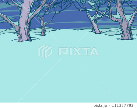 Pop Art Retro Winter forest landscape. Seasonal offers for clients for the New Year. Snowy tourist destinations for vacation. Pop Art Retro Winter forest landscape. Seasonal offers for clients for the New Year. Snowy tourist destinations for vacation. 111357792