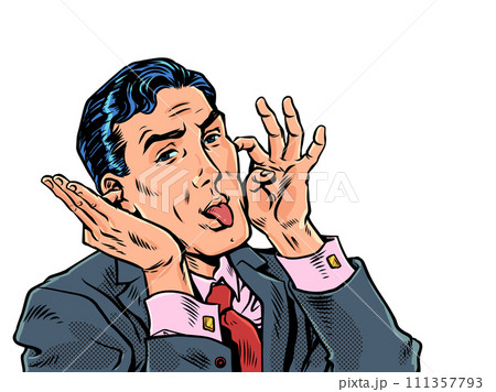 Pop Art Retro A man in a suit grimaces and sticks out his tongue. Making fun of colleagues in the company. Irresponsible worker at work. 111357793
