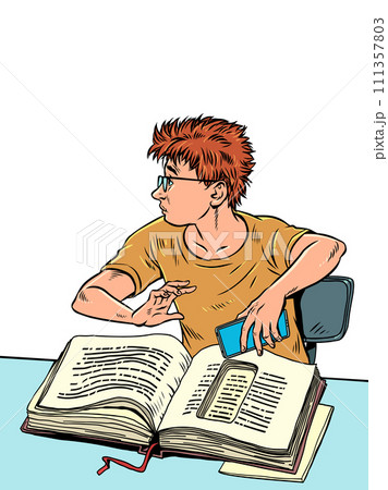Knowledge is transformed into new forms. A boy in glasses with a book and a phone. Hide secrets from prying eyes. Pop Art Retro 111357803