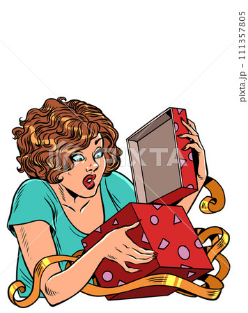 Celebrating important days and events. A woman opens a gift box. A Christmas gift can also be for a birthday. Pop Art Retro 111357805