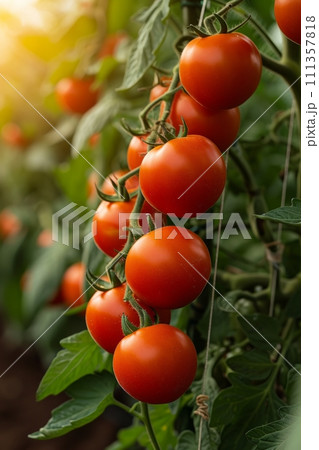 Vibrant red tomatoes hanging from lush, green vines, promising a delicious harvest 111357818