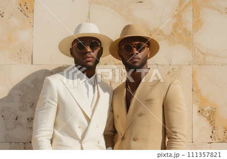 two men dressed in soft materials standing together 111357821