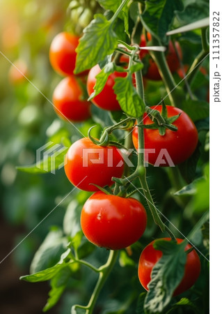 Vibrant red tomatoes hanging from lush, green vines, promising a delicious harvest 111357822