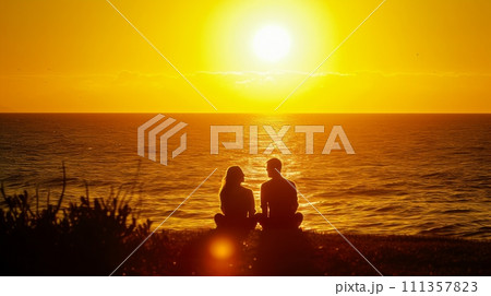 A couple sits by the shore, silhouetted against the golden hues of a setting sun 111357823
