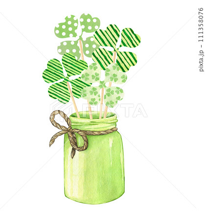 St Patrick's day decorated jar with clover sticks. Irish holiday hand drawn illustration isolated on white background. Green jar, shamrock, bow, rope. 111358076