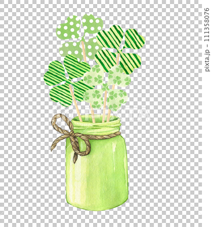 St Patrick's day decorated jar with clover sticks. Irish holiday hand drawn illustration isolated on white background. Green jar, shamrock, bow, rope. 111358076