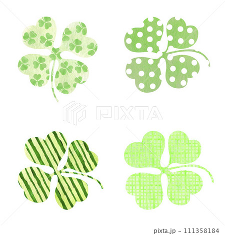 St Patrick's day textured clovers set isolated on white background. Dotted clover, stripped clover, checkered clover. Irish holiday shamrock illustrations. Green shamrock. St Patrick's day textured clovers set isolated on white background. Dotted clover, stripped clover, checkered clover. Irish holiday shamrock illustrations. Green shamrock. 111358184