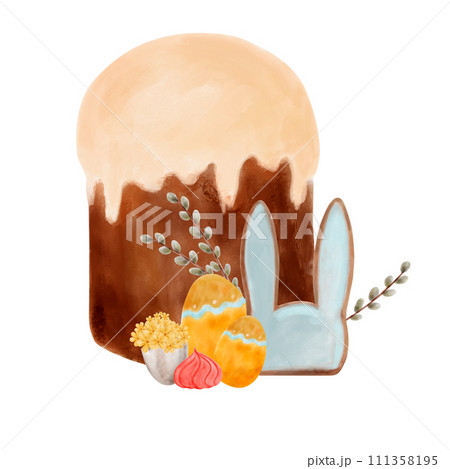 Spring watercolor composition, Easter holiday, cute bunny, willow branches, hand-drawn colored eggs. Happy Easter symbol, spring flowers and branches 111358195