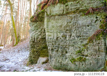Picturesque view of the picturesque sandstone caves of Liela Ellite, Liepa parish, Priekuli county, Vidzeme county, Latvia Picturesque view of the picturesque sandstone caves of Liela Ellite, Liepa parish, Priekuli county, Vidzeme county, Latvia 111359119