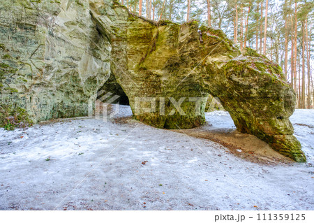 Picturesque view of the picturesque sandstone caves of Liela Ellite, Liepa parish, Priekuli county, Vidzeme county, Latvia 111359125