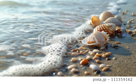 Seashells and pebbles adorn the shore, adding natural beauty to the beachscape 111359162