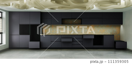 empty facade of a modern darck kitchen 3d render image empty facade of a modern darck kitchen 3d render image 111359305