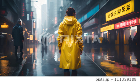 AI-generated content. Portrait girl rain, Rain rain, raindrop face, wet girl, Happy woman silhouette, back view, Wind tousled hair, rainy weather, wet woman, City flood, beautiful girl, City puddles 111359389