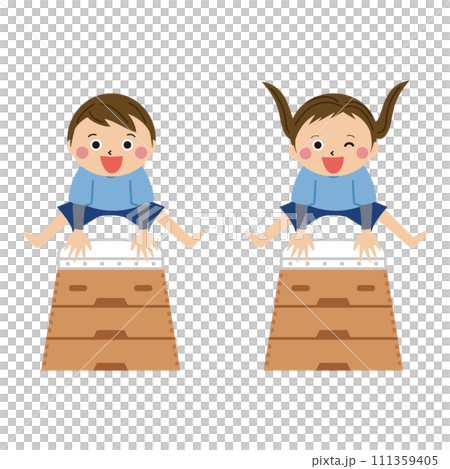 Pop kids, gymnastics class lessons, boys and girls jumping on vaulting boxes Pop kids, gymnastics class lessons, boys and girls jumping on vaulting boxes 111359405