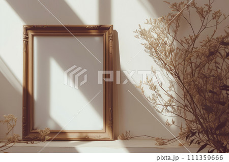 Blank picture frame mockup in boho style. Generative AI 111359666