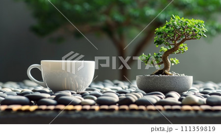 A teacup in a zen garden, surrounded by smooth pebbles and miniature bonsai trees 111359819