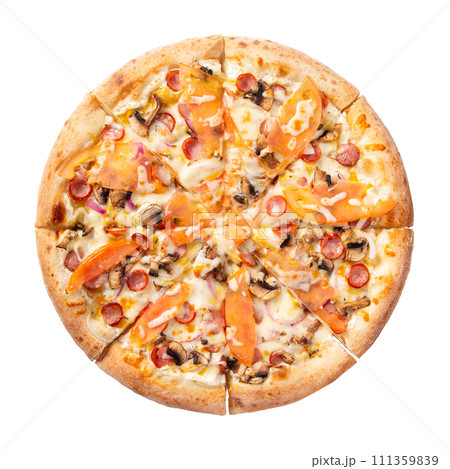 Delicious italian pizza with mushrooms, vegetables and cheese Delicious italian pizza with mushrooms, vegetables and cheese 111359839
