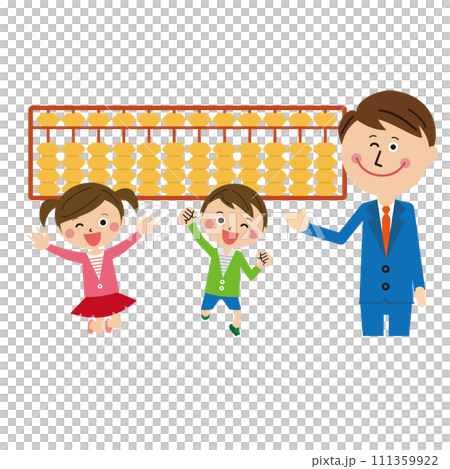 流行兒童珠算課男孩和女孩老師 流行兒童珠算課男孩和女孩老師 111359922