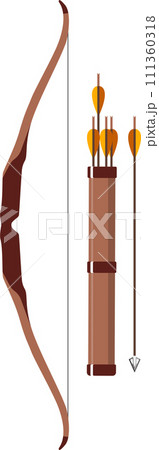 Traditional Hunting Wooden Bow and Quiver with Arrows Isolated Icon in Flat Style. Vector Illustration. 111360318