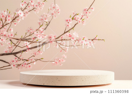 Podium for product demonstration in room adorned with beautiful pink sakura flowers 111360398