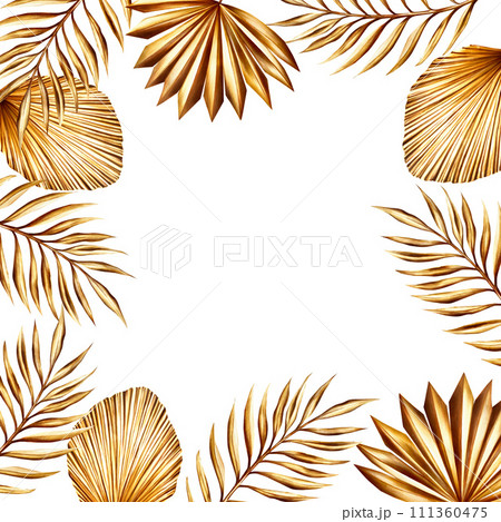 Watercolor frame, template with golden pampas grass, date palm branch illustration isolated on white background. Botanical and wedding and Ramadan Kareem or Eid Al Adha 2024 hand drawn decor. For 111360475
