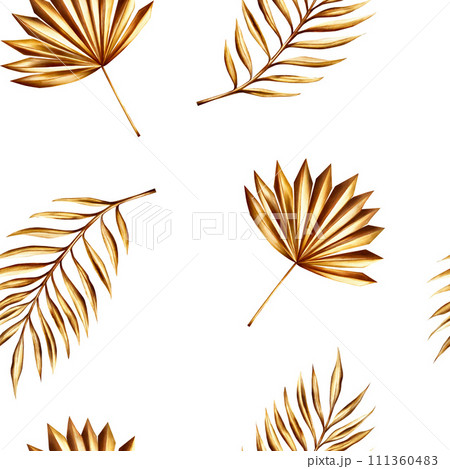 Watercolor seamless pattern with golden pampas grass, date palm branch illustration isolated on background. Botanical and wedding and Ramadan Kareem or Eid Al Adha 2024 hand drawn decor. For 111360483