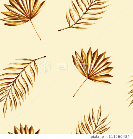 Watercolor seamless pattern with golden pampas grass, date palm branch illustration isolated on background. Botanical and wedding and Ramadan Kareem or Eid Al Adha 2024 hand drawn decor. For 111360484