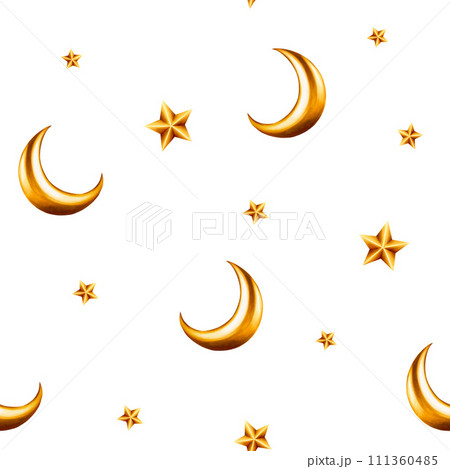 Watercolor seamless pattern with Islamic arabian golden crescent moons and stars on illustration isolated on background. Muslim golden hand drawn holiday Ramadan Kareem or Eid Al Adha 2024. For 111360485