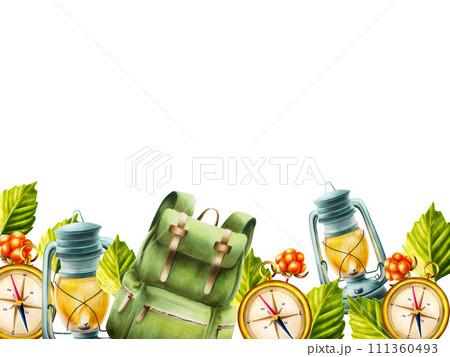 Watercolor frame, banner with illlustrations of hiking, camping backpack, gold vintage marine compass, cloudberry, autumn leaves and oil kerosene lantern. Template for designers, travel business, 111360493