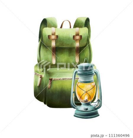 Watercolor oil kerosene lantern and camping backpack isolated illlustration. Mountin equipment for recreation tourism and adverture on white background. Clip art for autumn and winter decor, design. Watercolor oil kerosene lantern and camping backpack isolated illlustration. Mountin equipment for recreation tourism and adverture on white background. Clip art for autumn and winter decor, design. 111360496