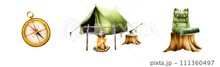 Watercolor set of isolated illlustrations with camping backpack, rolled up blanket and sleeping bag, gold vintage marine compass, camping axe in wooden stump, campfire with big black kettle and tent. Watercolor set of isolated illlustrations with camping backpack, rolled up blanket and sleeping bag, gold vintage marine compass, camping axe in wooden stump, campfire with big black kettle and tent. 111360497