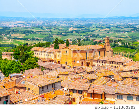 Panoramic view of Tuscan town and landscape from tower of San Gimignano, Tuscany, Italy Panoramic view of Tuscan town and landscape from tower of San Gimignano, Tuscany, Italy 111360585