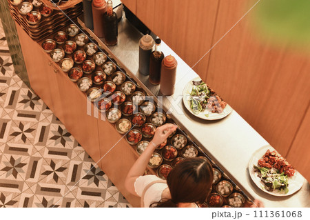 Top view of small Korean dishes in a restaurant 111361068