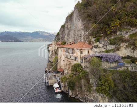Drone view at the monastery of Santa Caterina del Sasso on lake Maggiore Italy 111361592