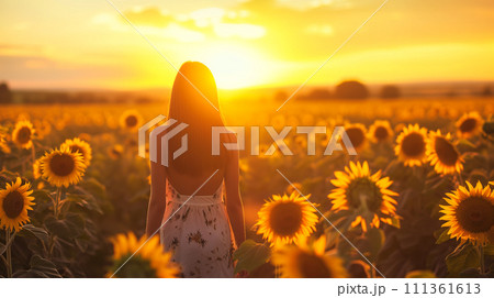 Back view of a woman in a white dress, gazing at the sunset amid a vibrant field of blooming sunflowers. 111361613