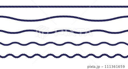 Different straight and wavy rope borders. Cord, thread, cable, twine, jute isolated on white background. Design elements on marine, sailor, yacht, nautical theme. Vector flat illustration 111361659