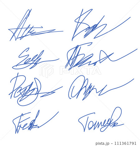 Hand written signature. Different example signatures isolated in white background. Vector illustration set of hand drawn name imprint Hand written signature. Different example signatures isolated in white background. Vector illustration set of hand drawn name imprint 111361791