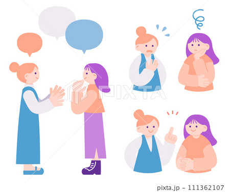 悩みを相談し合う2人の若い女性のイラストセット 111362107