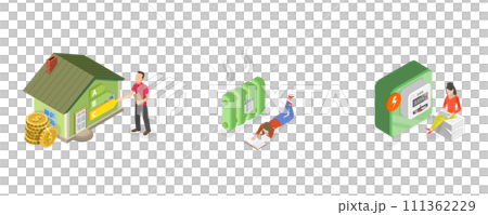3D Isometric Flat  Conceptual Illustration of Home Energy Efficiency, Low Heating Resource Consumption 111362229