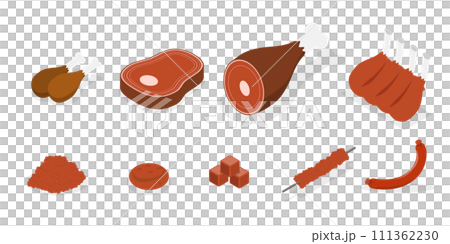3D Isometric Flat  Conceptual Illustration of Meat Food Types, Raw and Processed Barbecue Products 111362230