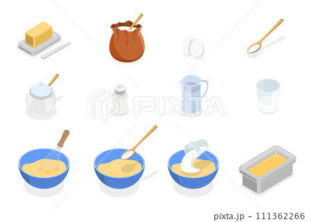 3D Isometric Flat  Conceptual Illustration of Baking Elements Set, Preparation Dough for Pastry 111362266