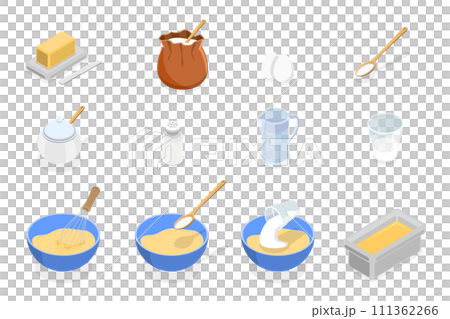 3D Isometric Flat  Conceptual Illustration of Baking Elements Set, Preparation Dough for Pastry 111362266
