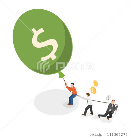 3D Isometric Flat  Conceptual Illustration of Inflation and Financial Crisis, FED is Pull Big Inflation Balloon Down 111362273