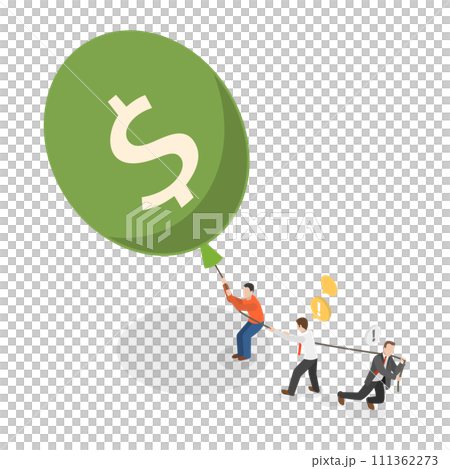 3D Isometric Flat  Conceptual Illustration of Inflation and Financial Crisis, FED is Pull Big Inflation Balloon Down 111362273