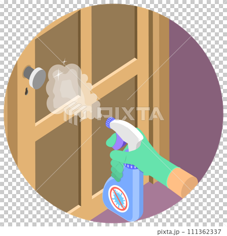 3D Isometric Flat  Icon of Door Handle Cleaning, Prevention Spreading Bacteria and Viruses 111362337