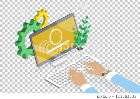 3D Isometric Flat  Conceptual Illustration of Computer Update, Software Loading or Installation Process 111362338