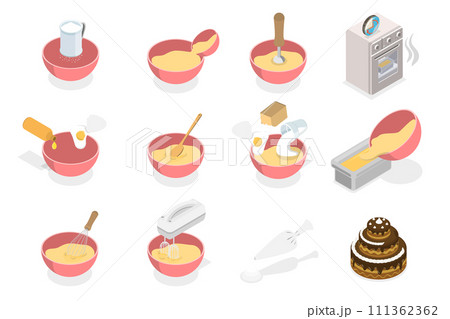 3D Isometric Flat  Conceptual Illustration of Baking Ingredients, Preparing Confectionery, Cakes or Pastries 111362362